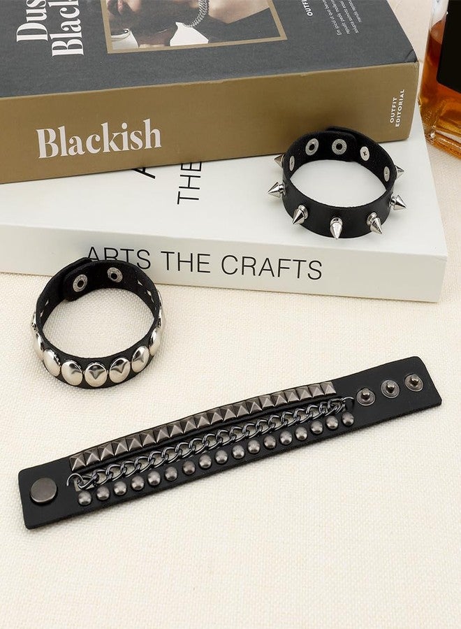 UlZDVUli Studded Bracelet, Spike Bracelets, 3 Pieces Black Spiked Rock Emo Punk Goth Leather Wristband, Gothic Spiky Rivet Cuff Wristbands Jewelry Accessories for Men Women Halloween Rocker Outfits - Image 4